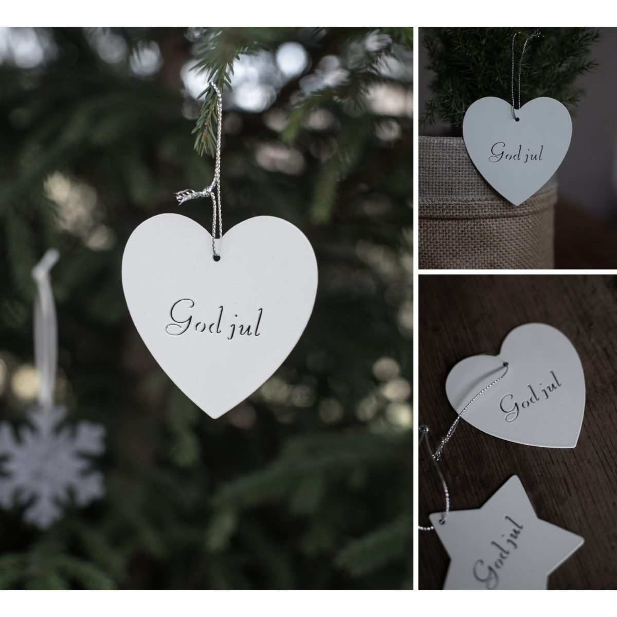 Weißes Holzherz zum hängen "God jul"