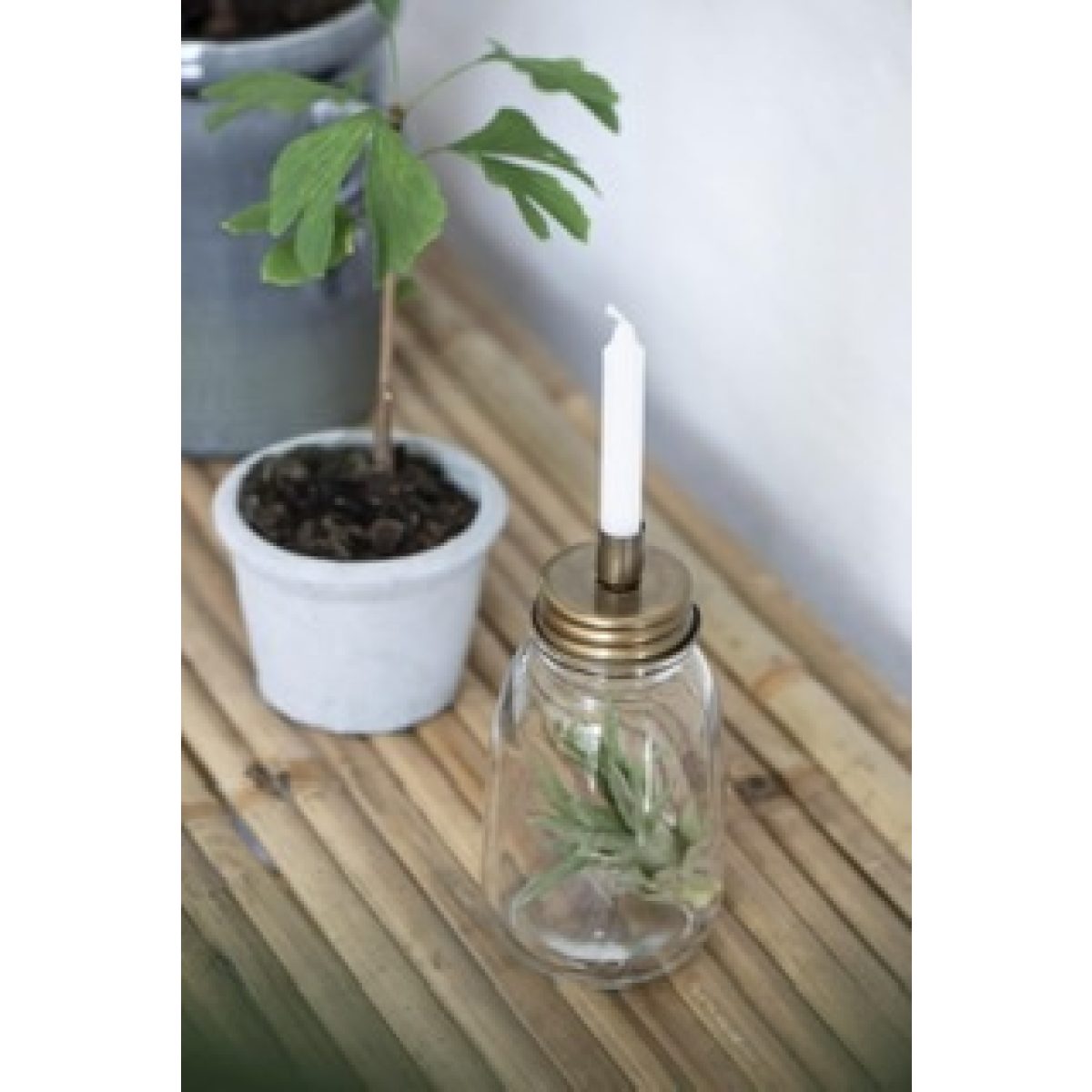 Kerzenhalter auf einer Glasvase und eine Pflanze in einem grauen Topf