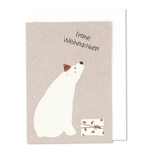 Postkarte Eisbär mit Päckchen – „Frohe Weihnachten“ ava&yves www.myhomeandmore.de